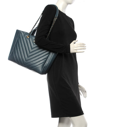 Chanel Metallic Calfskin Chevron Quilted Statement Shopping Bag Blue 2 of 8