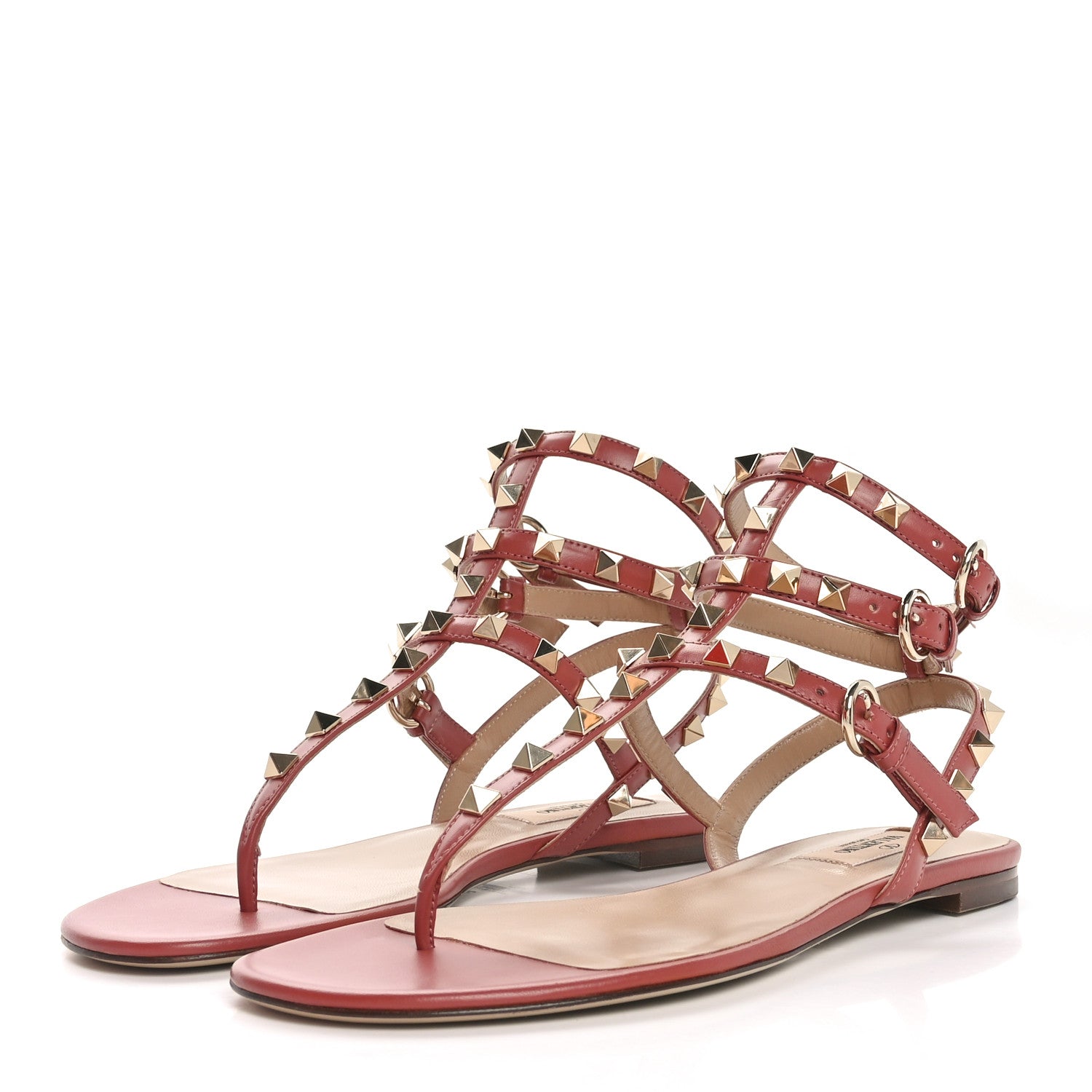 Valentino Garavani Calfskin Nappa Rockstud Ankle Wrap Flat Thong Sandals 36.5 Ginger 4 of 9
