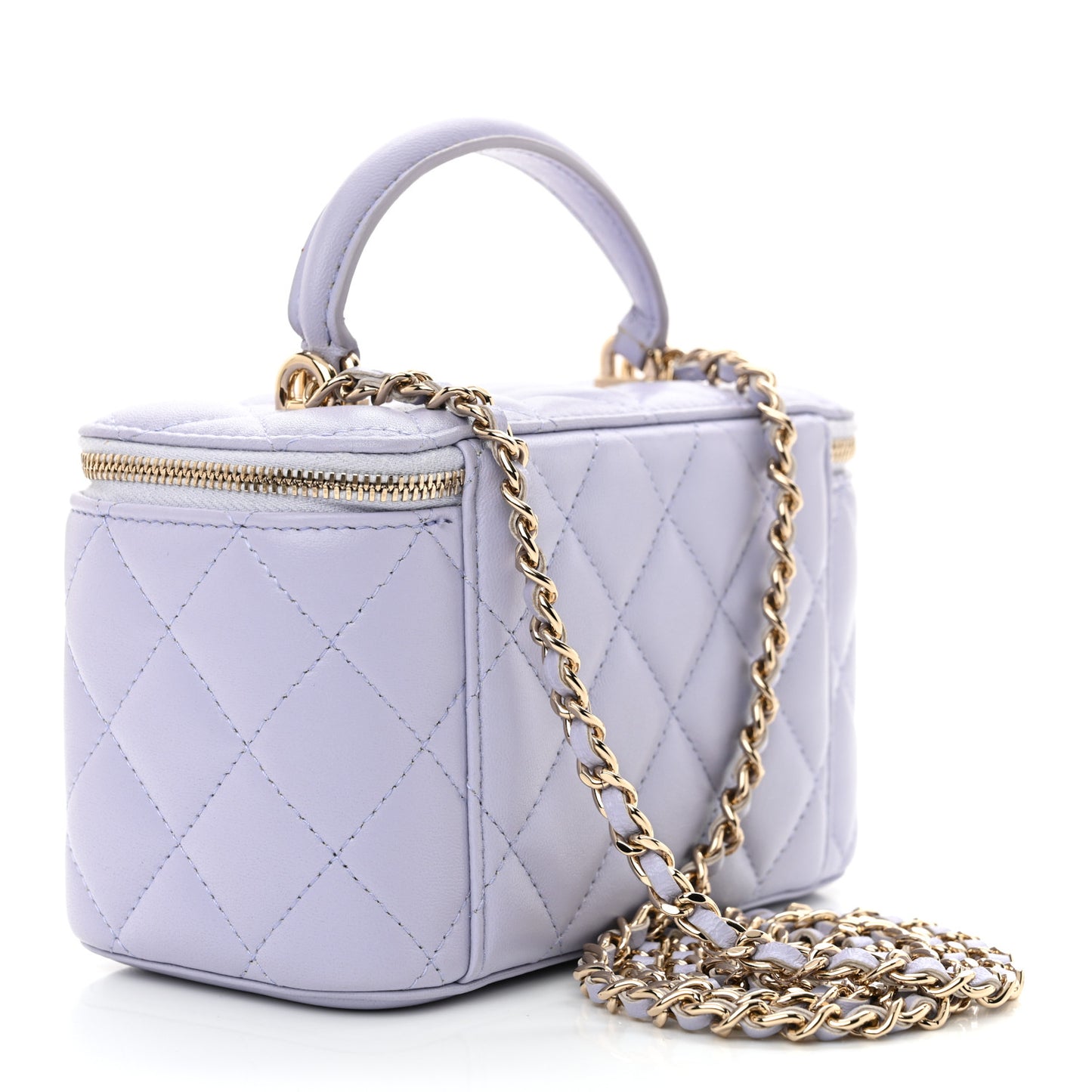 Lambskin Quilted Small Top Handle Vanity Case With Chain Light Purple