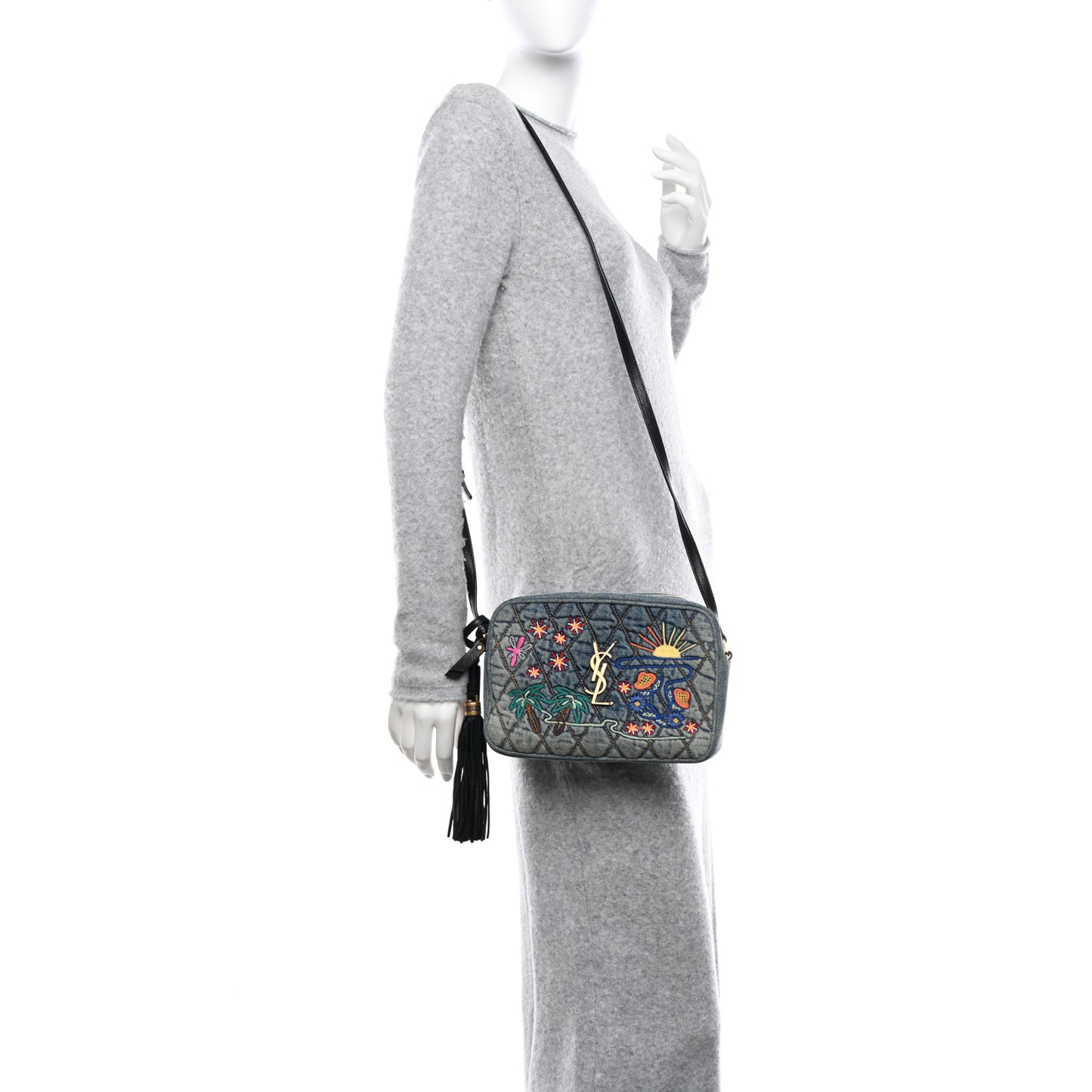 Denim Matelasse Quilted Summer Embroidered Classic Monogram Camera Bag Blue