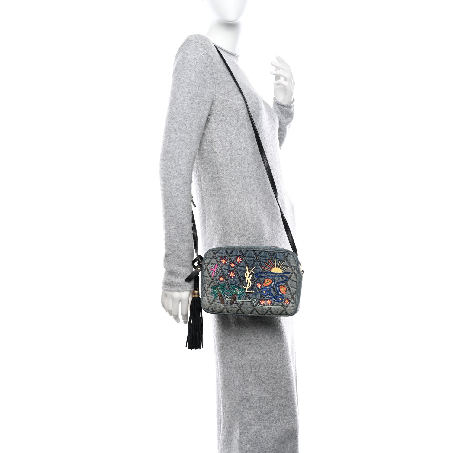 Saint Laurent Denim Matelasse Quilted Summer Embroidered Classic Monogram Camera Bag Blue 2 of 11