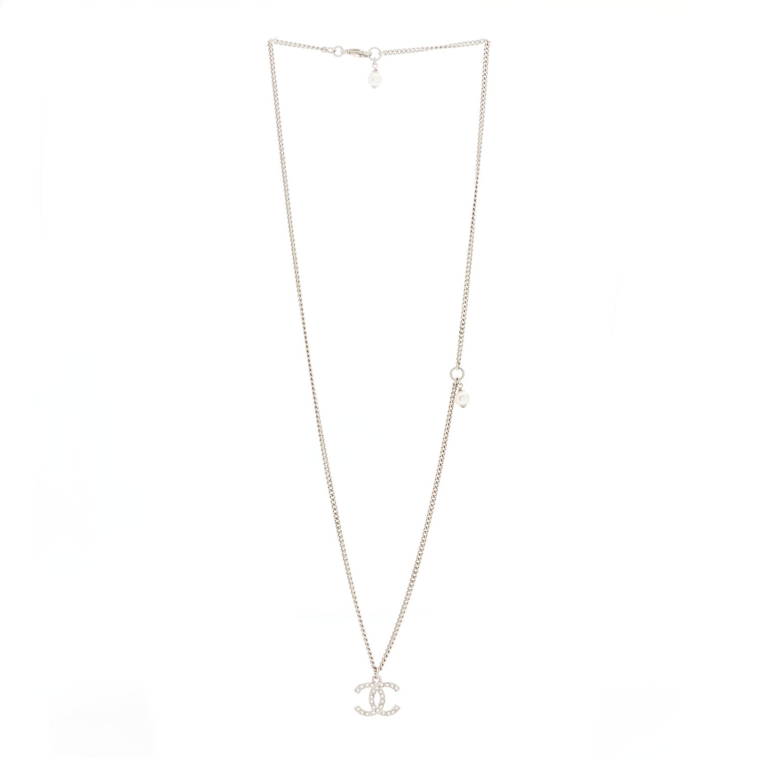 Chanel Pearl Crystal CC Pendant Necklace Silver 3 of 5