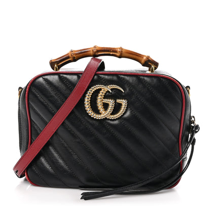 Gucci Vintage Effect Calfskin Matelasse Diagonal Small Torchon GG Marmont Bamboo Top Handle Shoulder Bag Black Romantic Cherry 1 of 13