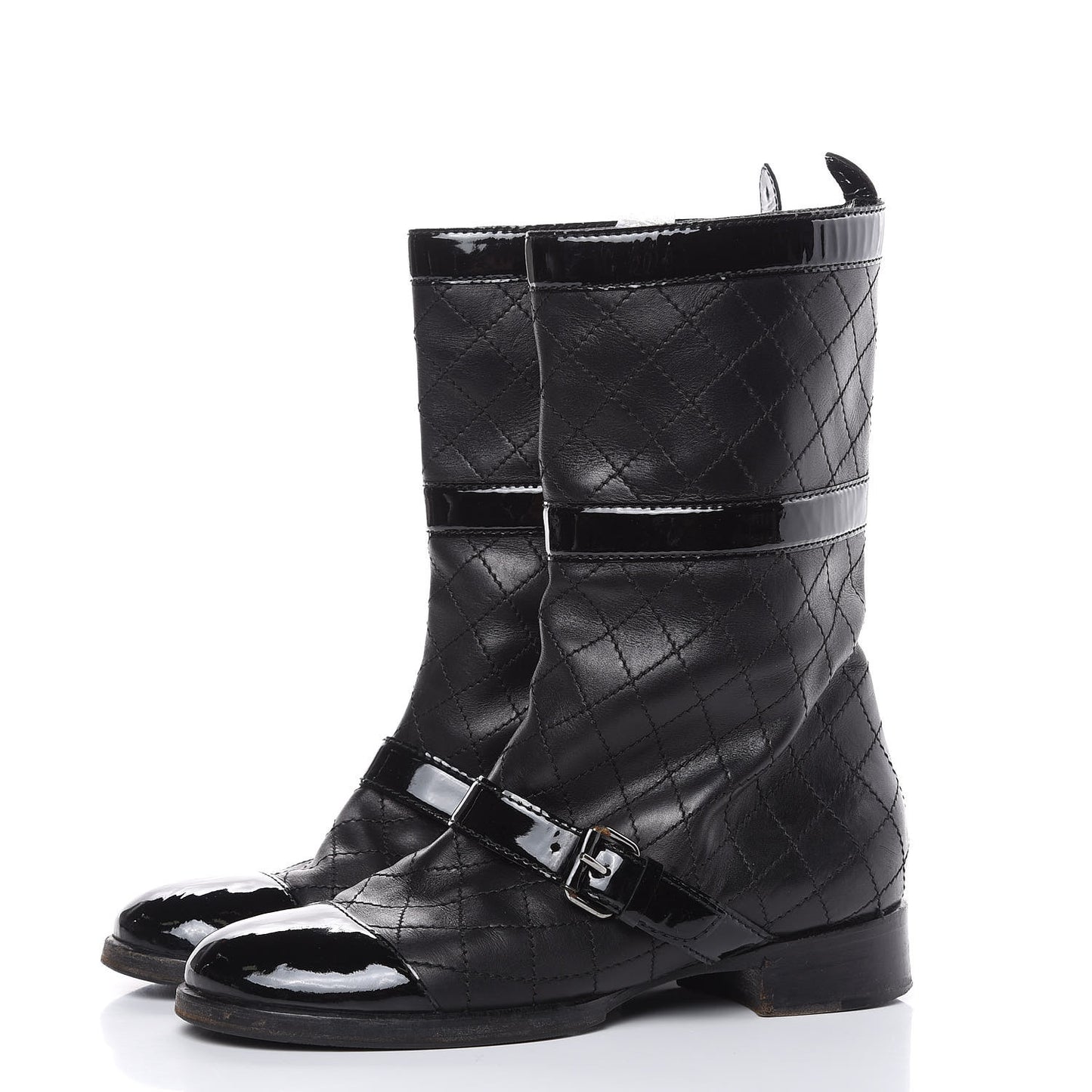 Calfskin Patent Quilted Cap Toe Boots 39 Black