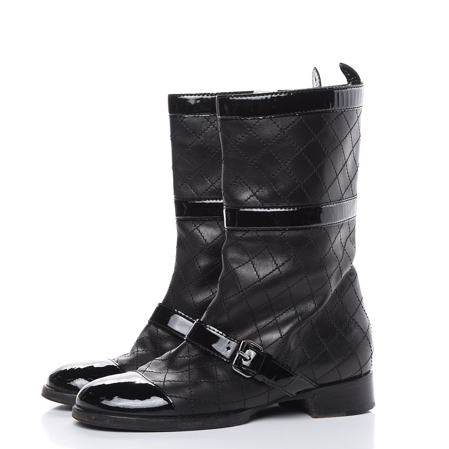Chanel Calfskin Patent Quilted Cap Toe Boots 39 Black 3 of 9