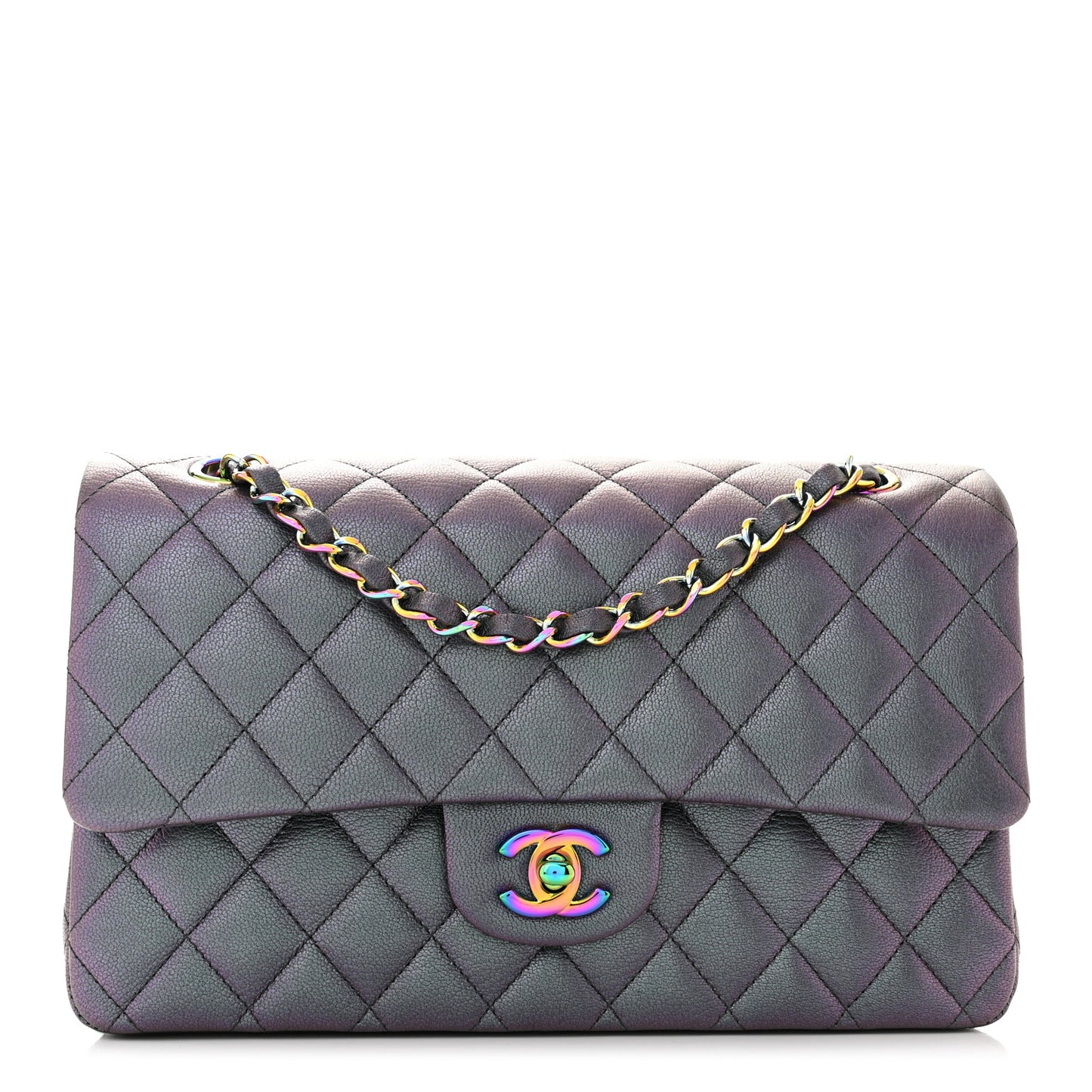 Iridescent Goatskin Quilted Medium Double Flap Purple