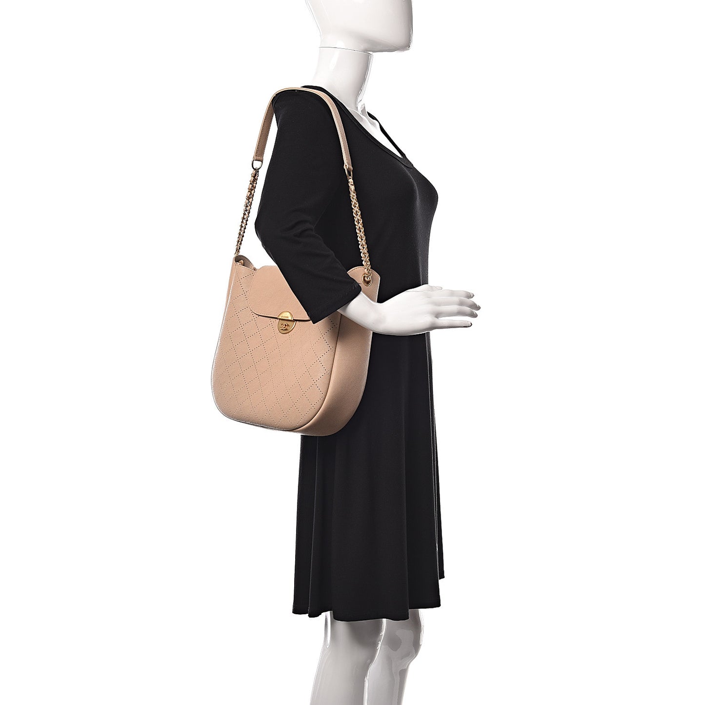 Grained Calfskin Perforated Small Flap Hobo Beige