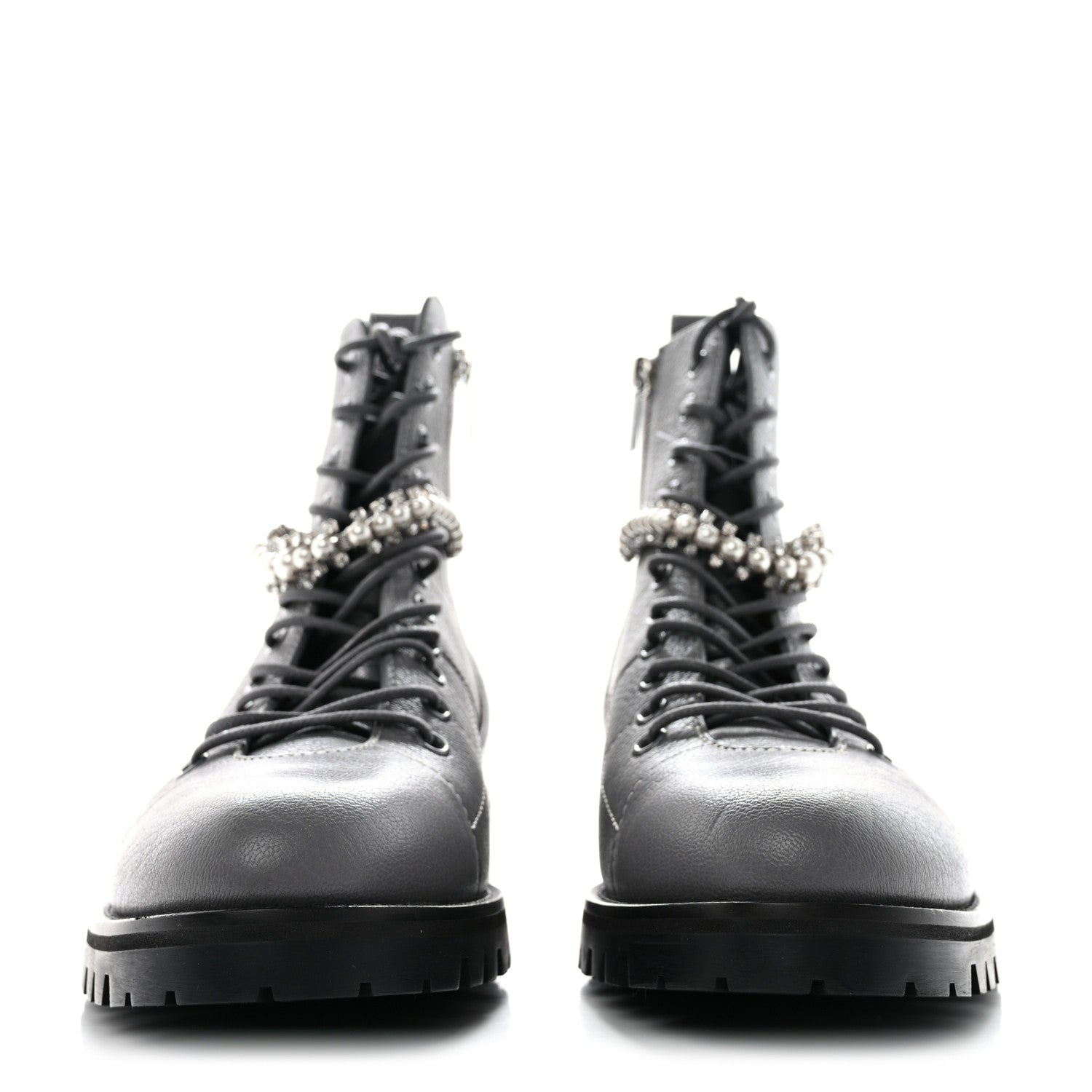 Jimmy Choo Grained Calfskin Crystal Embellished Cruz Combat Boots 37 Grey 2 of 7
