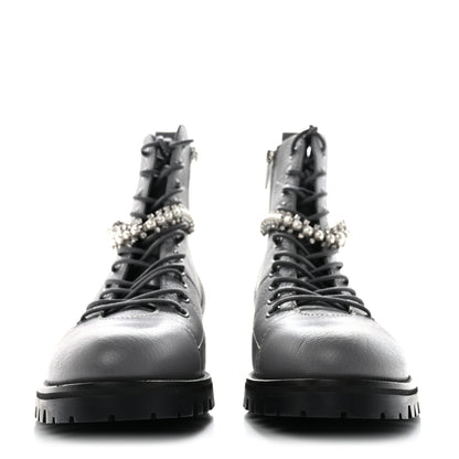 Jimmy Choo Grained Calfskin Crystal Embellished Cruz Combat Boots 37 Grey 2 of 7