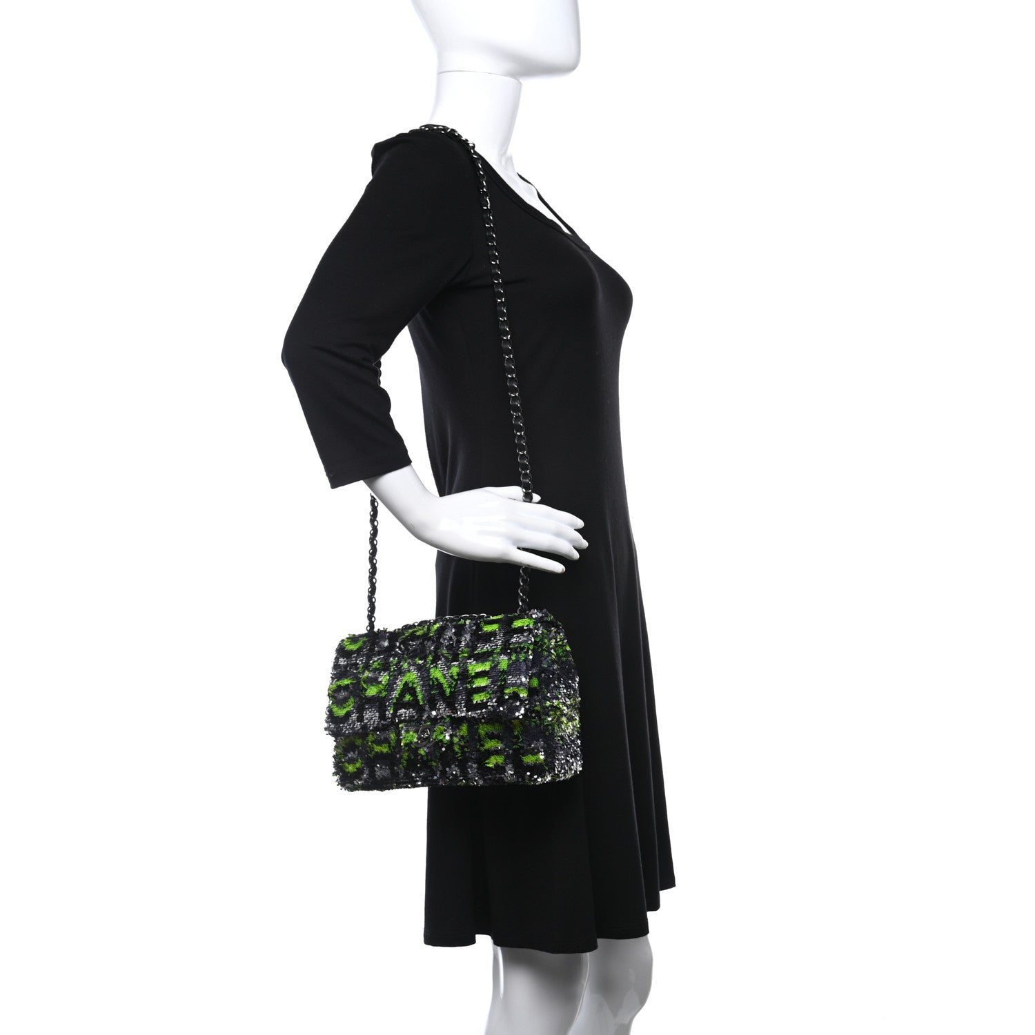 Chanel Sequin Logo Single Flap Green Silver Black 2 of 9