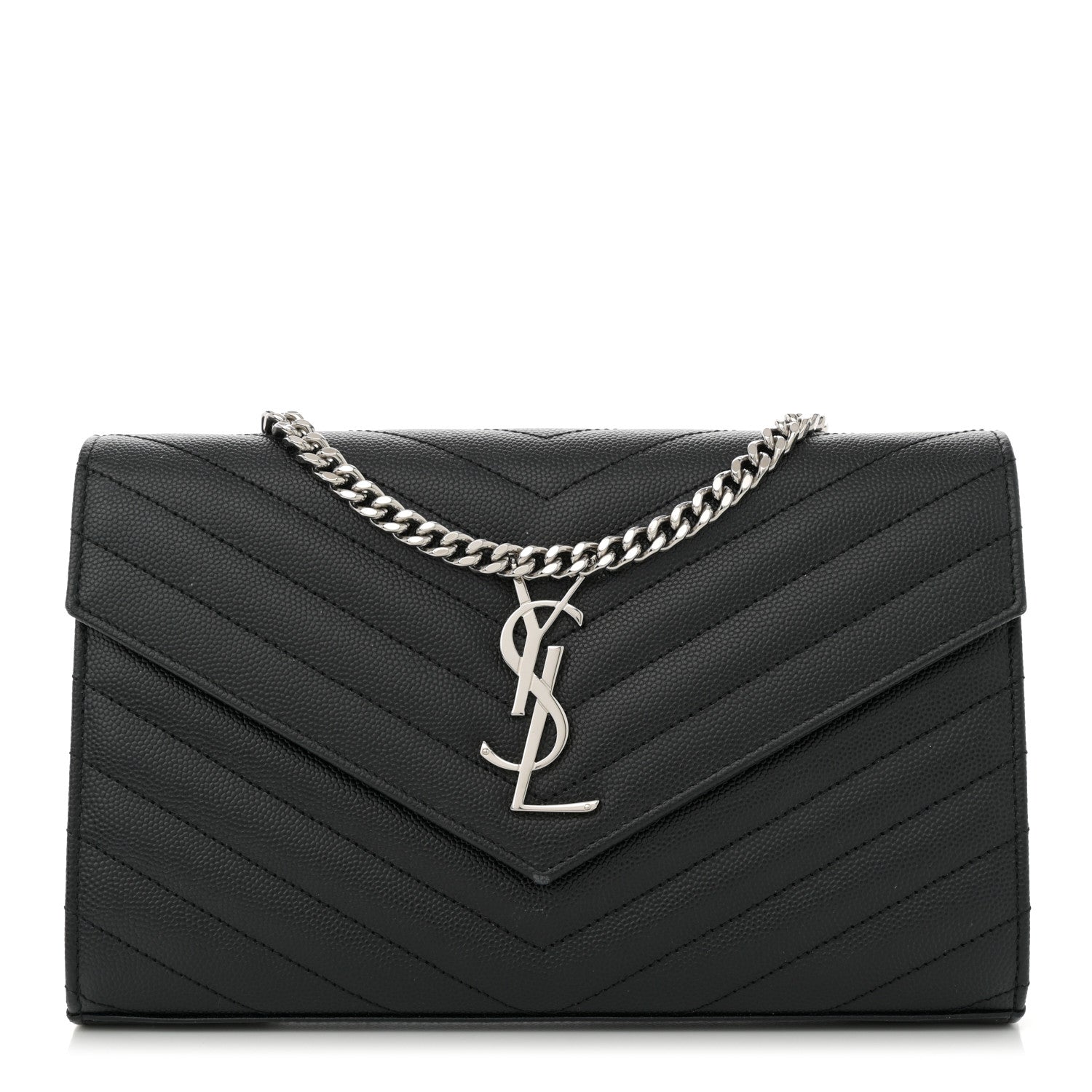 Saint Laurent Grain De Poudre Matelasse Chevron Monogram Chain Wallet Black 1 of 13