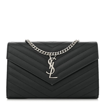 Saint Laurent Grain De Poudre Matelasse Chevron Monogram Chain Wallet Black 1 of 13