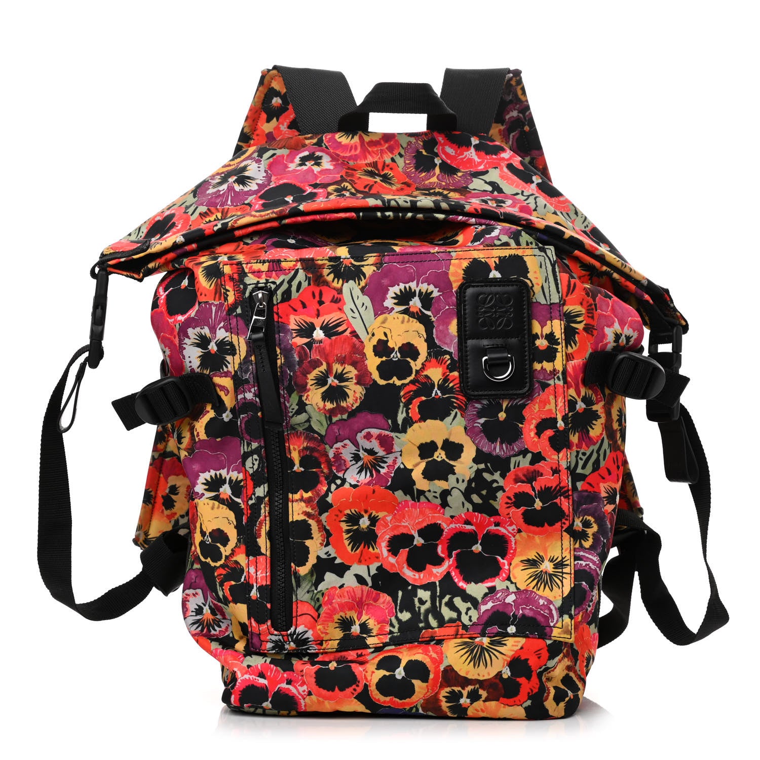 front view image of a LOEWE X JOE BRAINARD Nylon Pansies Print Roll Top Backpack in Multicolor by FASHIONPHILE