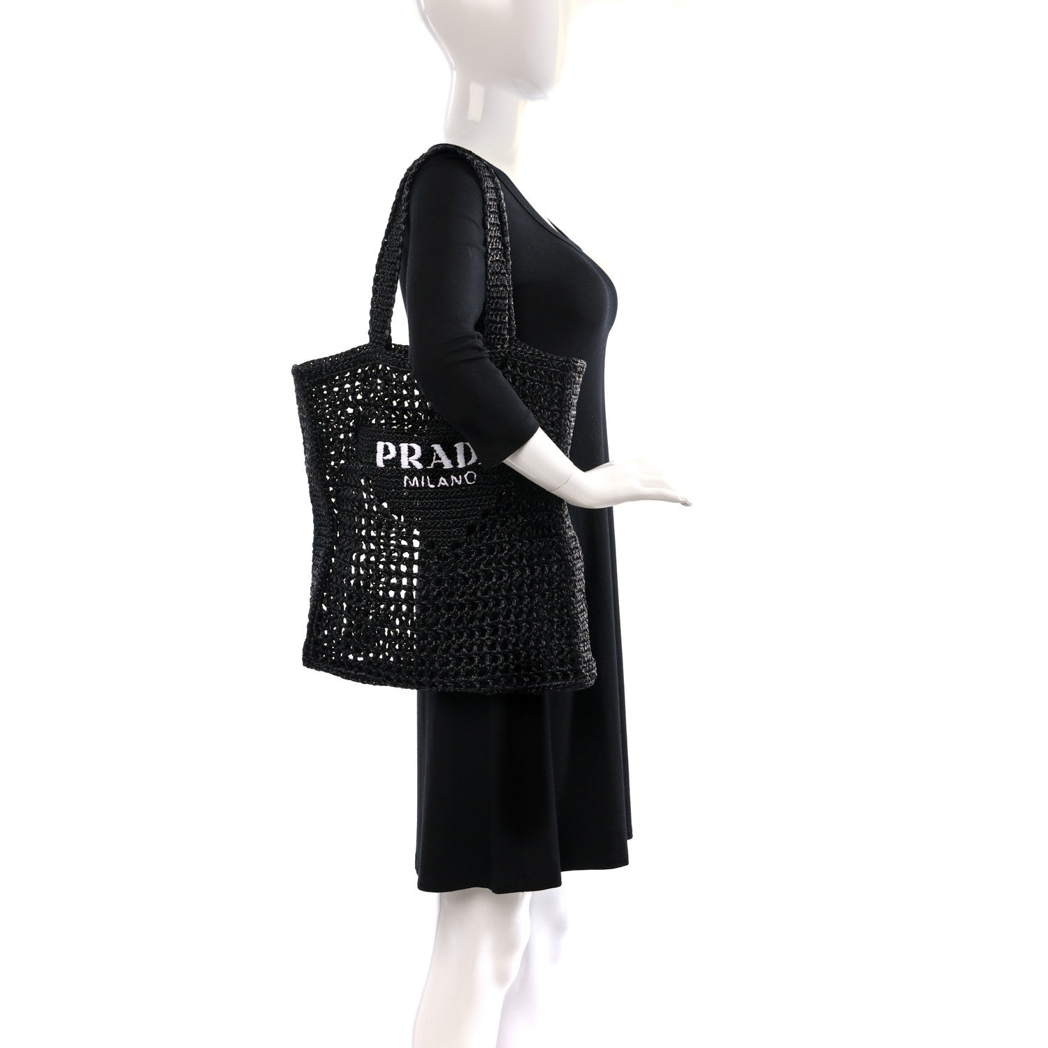 Prada Yarn Raffia Effect Crochet Logo Embroidered Tote Bag Black 2 of 8