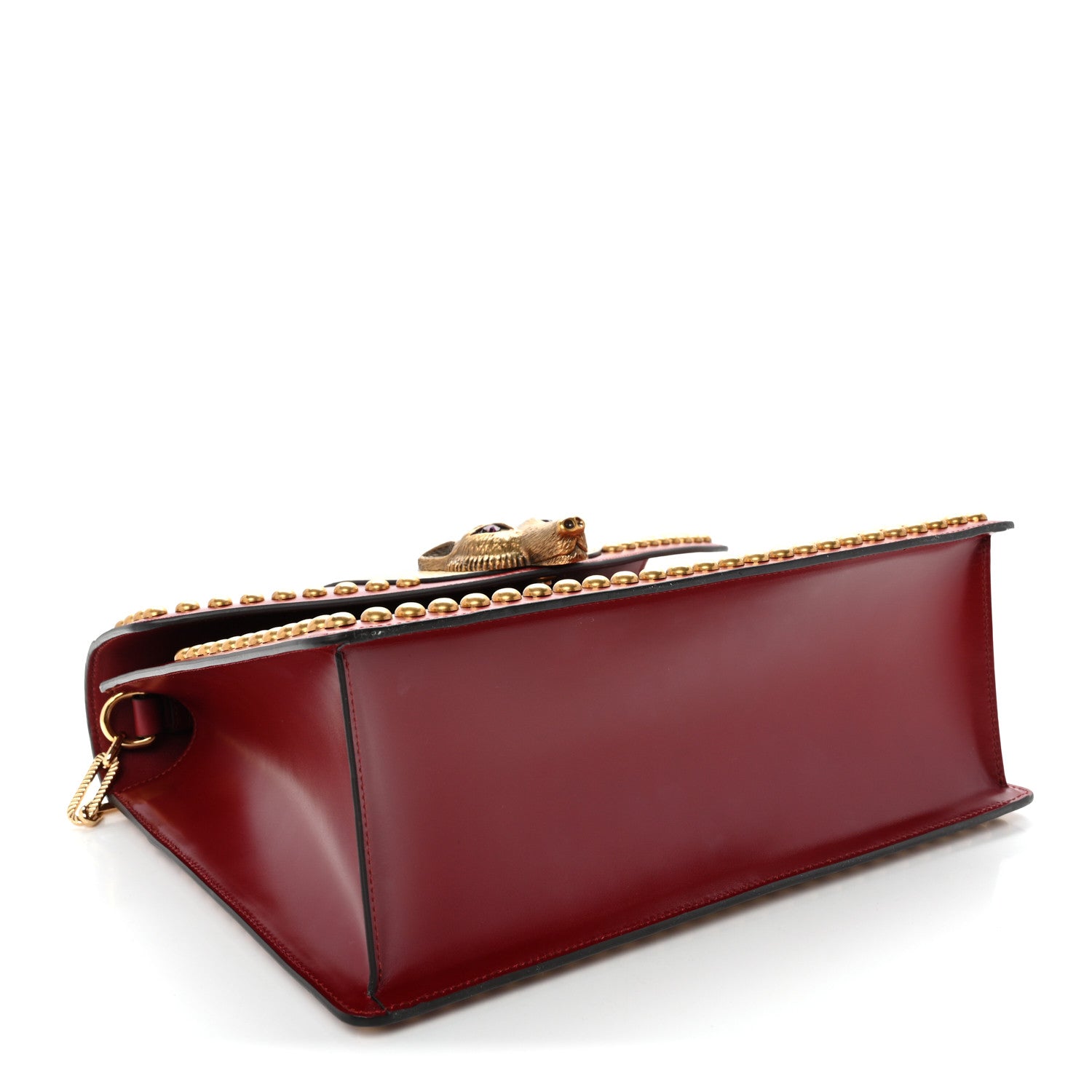 Gucci Glossy Calfskin Snakeskin Studded Fox Broche Bamboo Top Handle Bag Red 4 of 11