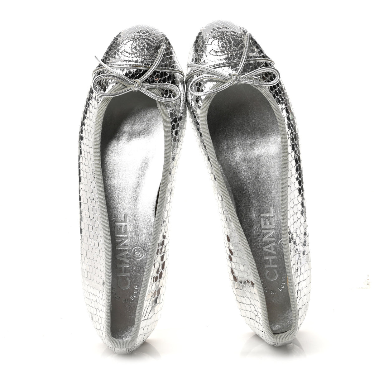 Chanel Metallic Snakeskin Cap Toe CC Ballerina Flats 37.5 Silver 2 of 9