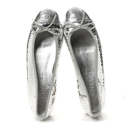 Chanel Metallic Snakeskin Cap Toe CC Ballerina Flats 37.5 Silver 2 of 9