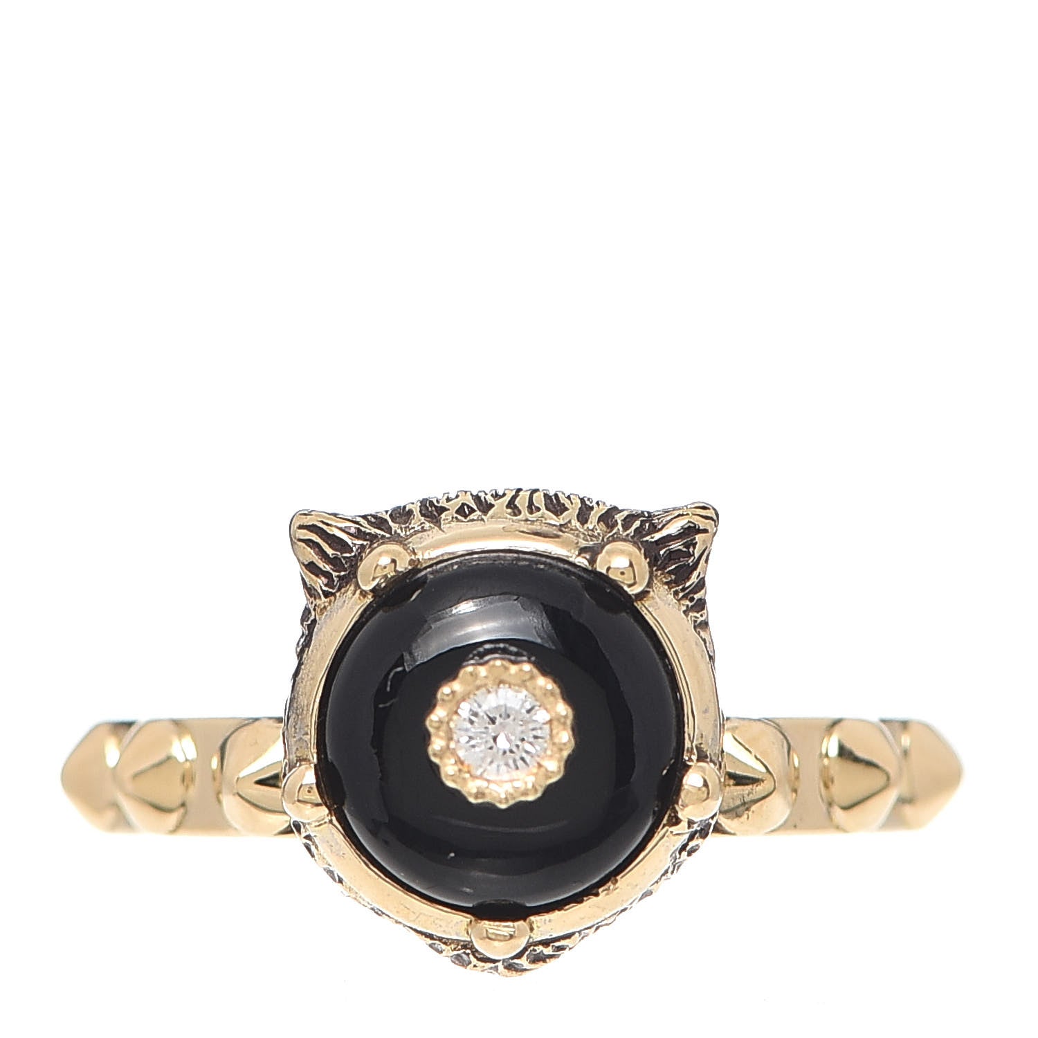 Gucci 18K Yellow Gold Onyx Diamond Le Marché Des Merveilles Feline Ring 49 4.75 1 of 6