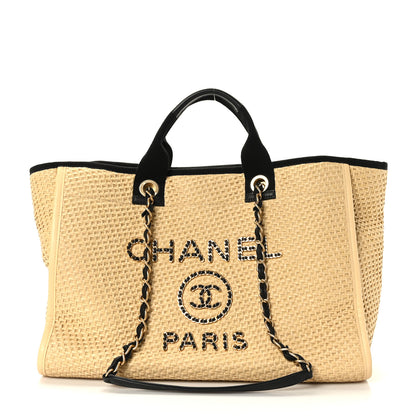 Chanel Straw Raffia Calfskin Chain Deauville Tote Beige Black 1 of 10