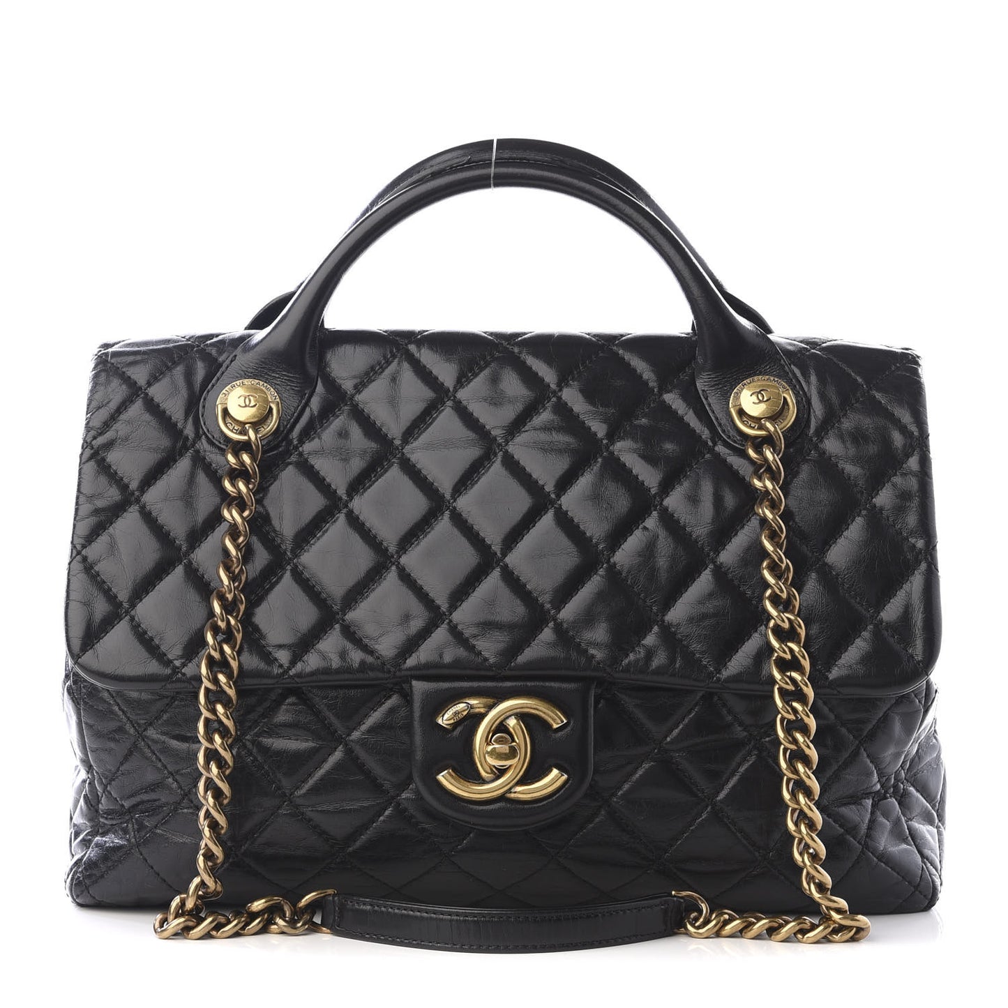 Glazed Calfskin Large Castle Rock Flap Black