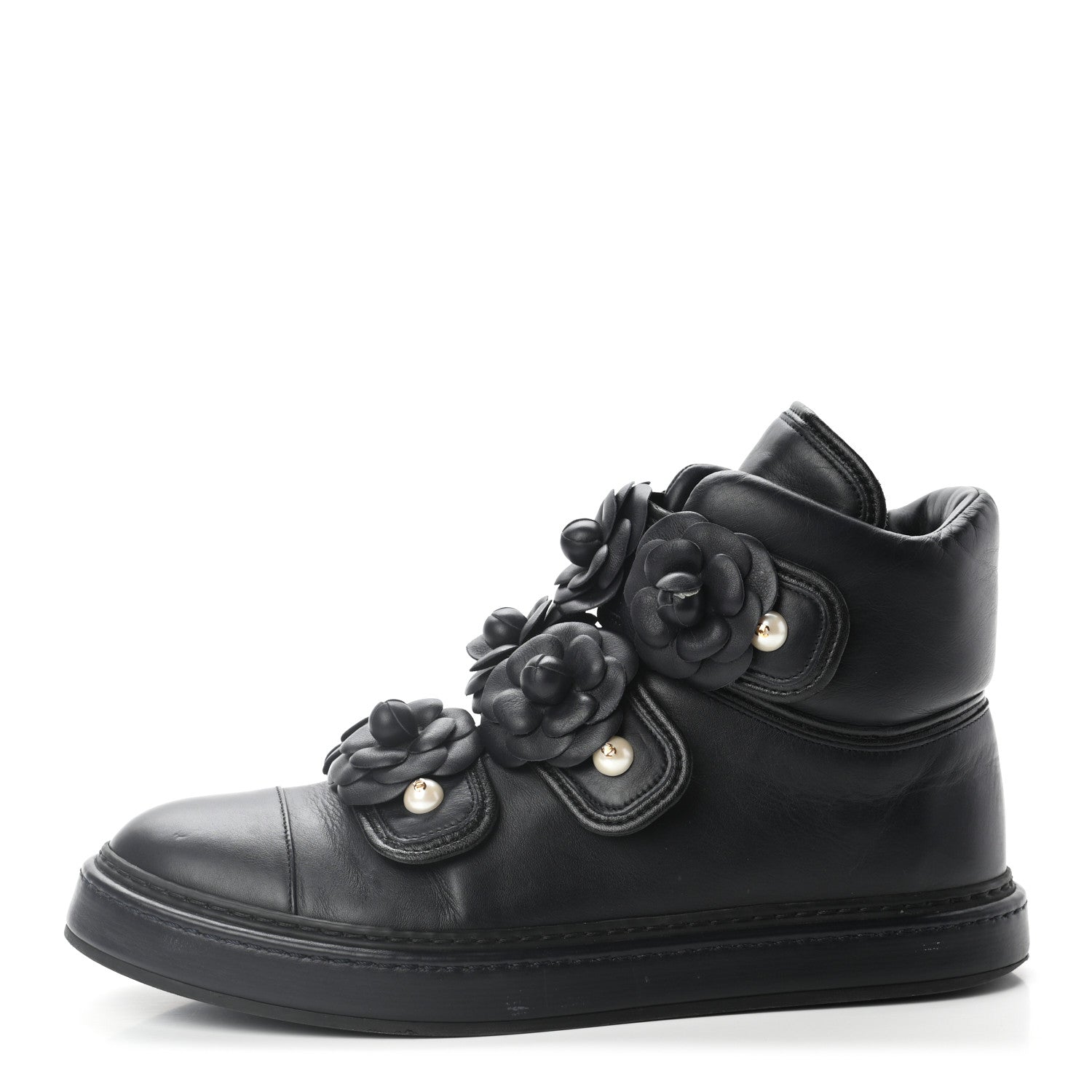 Chanel Lambskin Camellia High Top Sneakers 40 Navy 1 of 10