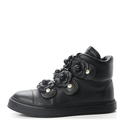 Chanel Lambskin Camellia High Top Sneakers 40 Navy 1 of 10