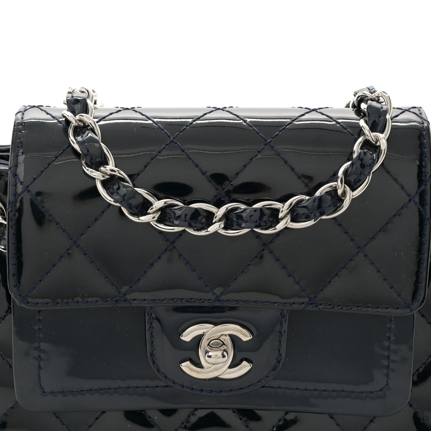 Patent Quilted Accordion Double Flap Navy Blue