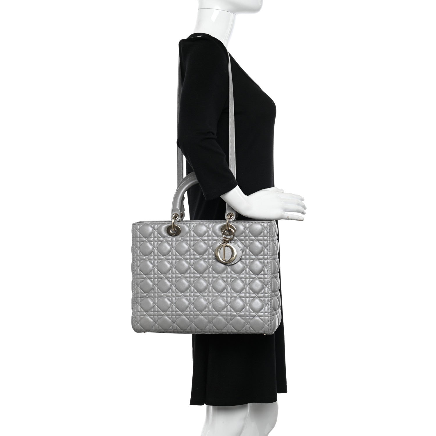 Christian Dior Metallic Lambskin Cannage Large Lady Dior Light Grey 2 of 14