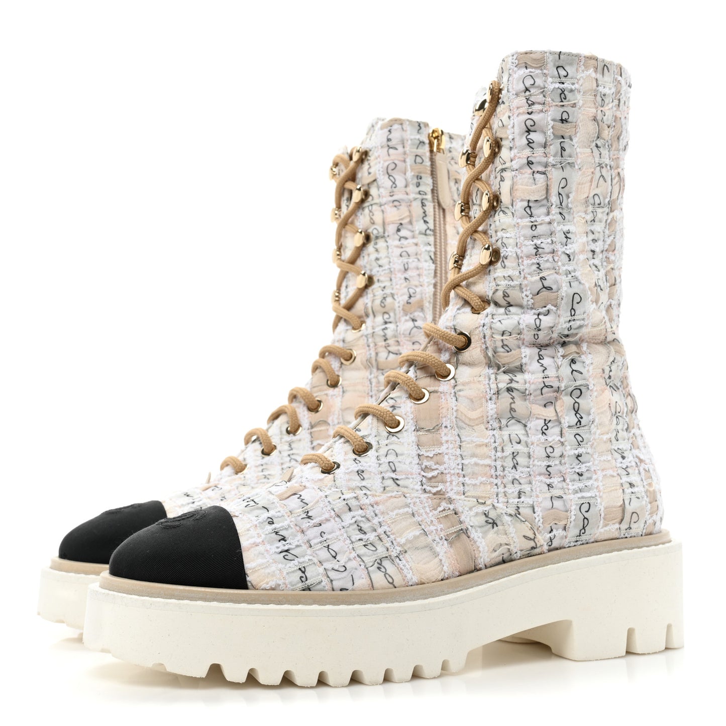 Tweed Grosgrain Cap Toe Lace Up Combat Boots 38.5 Multicolor