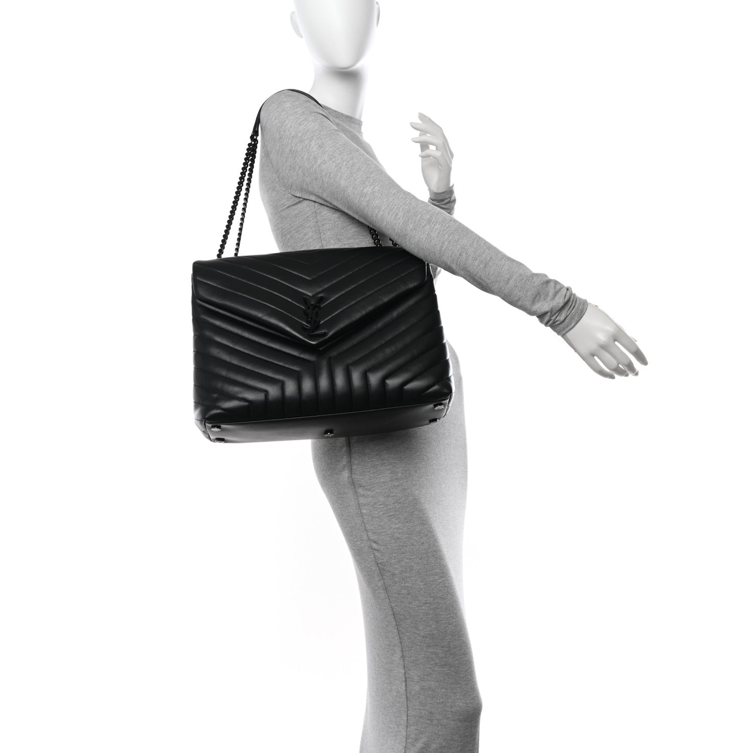 Saint Laurent Calfskin Y Quilted Monogram Monochrome Large Loulou Chain Satchel Black 2 of 12
