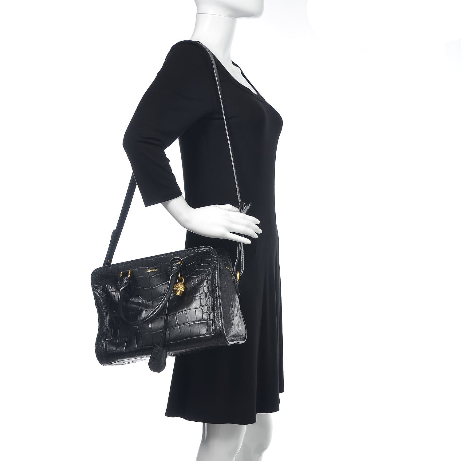 Alexander McQueen Calfskin Crocodile Embossed Small Skull Padlock Zip Around Tote Black 2 of 10