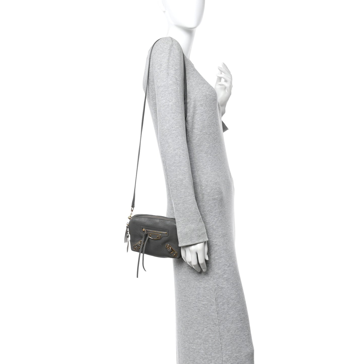 Chevre Gold Metallic Edge Hardware XS Reporter Crossbody Gris Acier