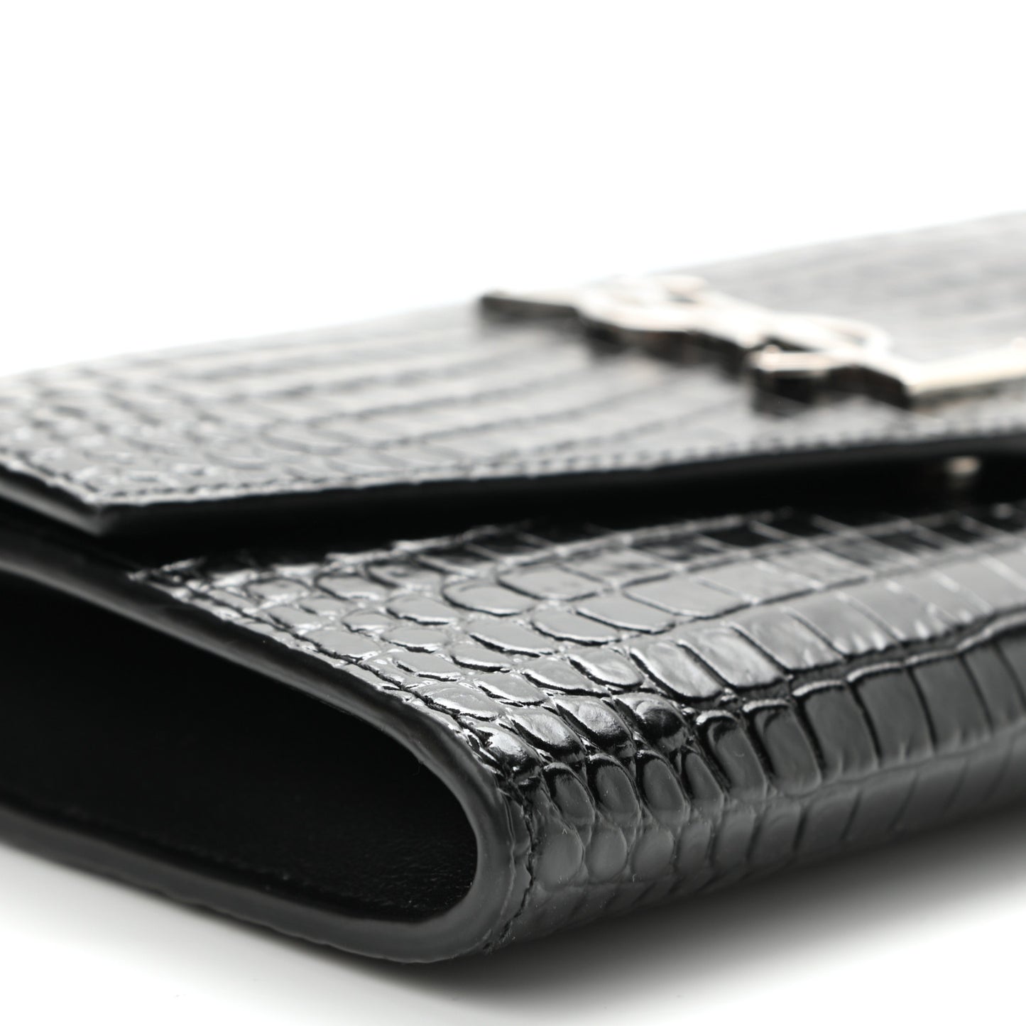 Calfskin Crocodile Embossed Monogram Uptown Chain Wallet Black