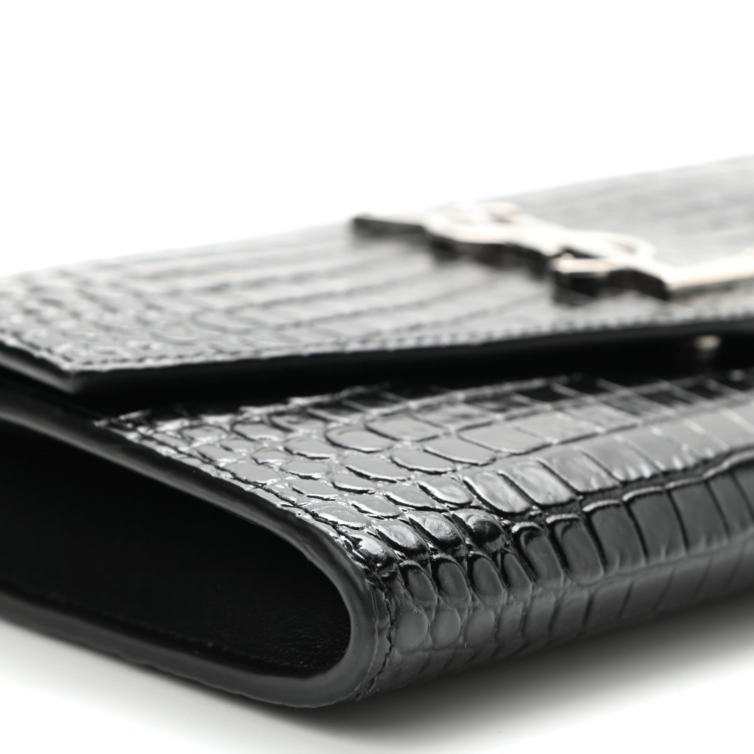 Saint Laurent Calfskin Crocodile Embossed Monogram Uptown Chain Wallet Black 8 of 10