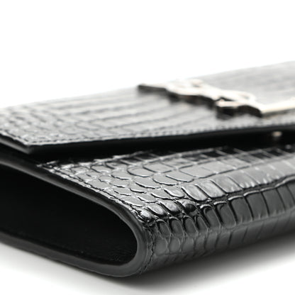 Saint Laurent Calfskin Crocodile Embossed Monogram Uptown Chain Wallet Black 8 of 10