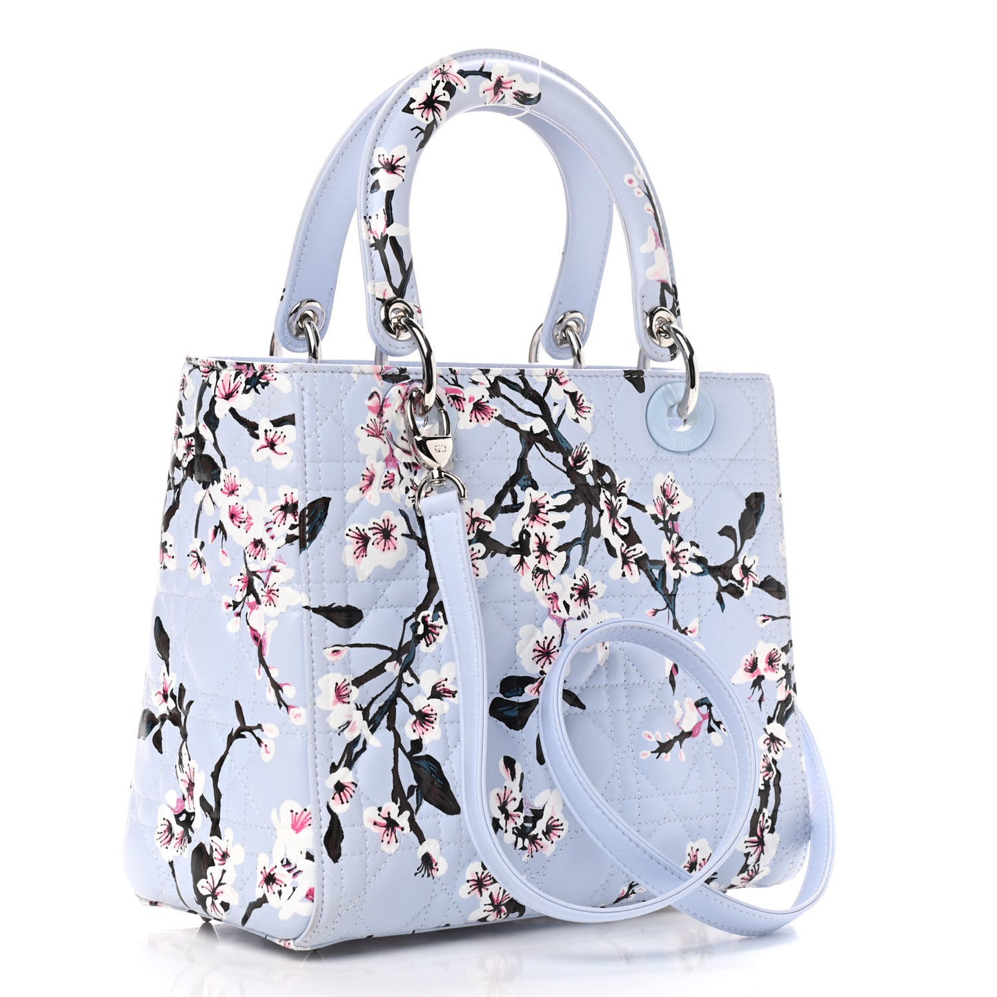 Lambskin Cannage Floral Printed Medium Lady Dior Light Blue