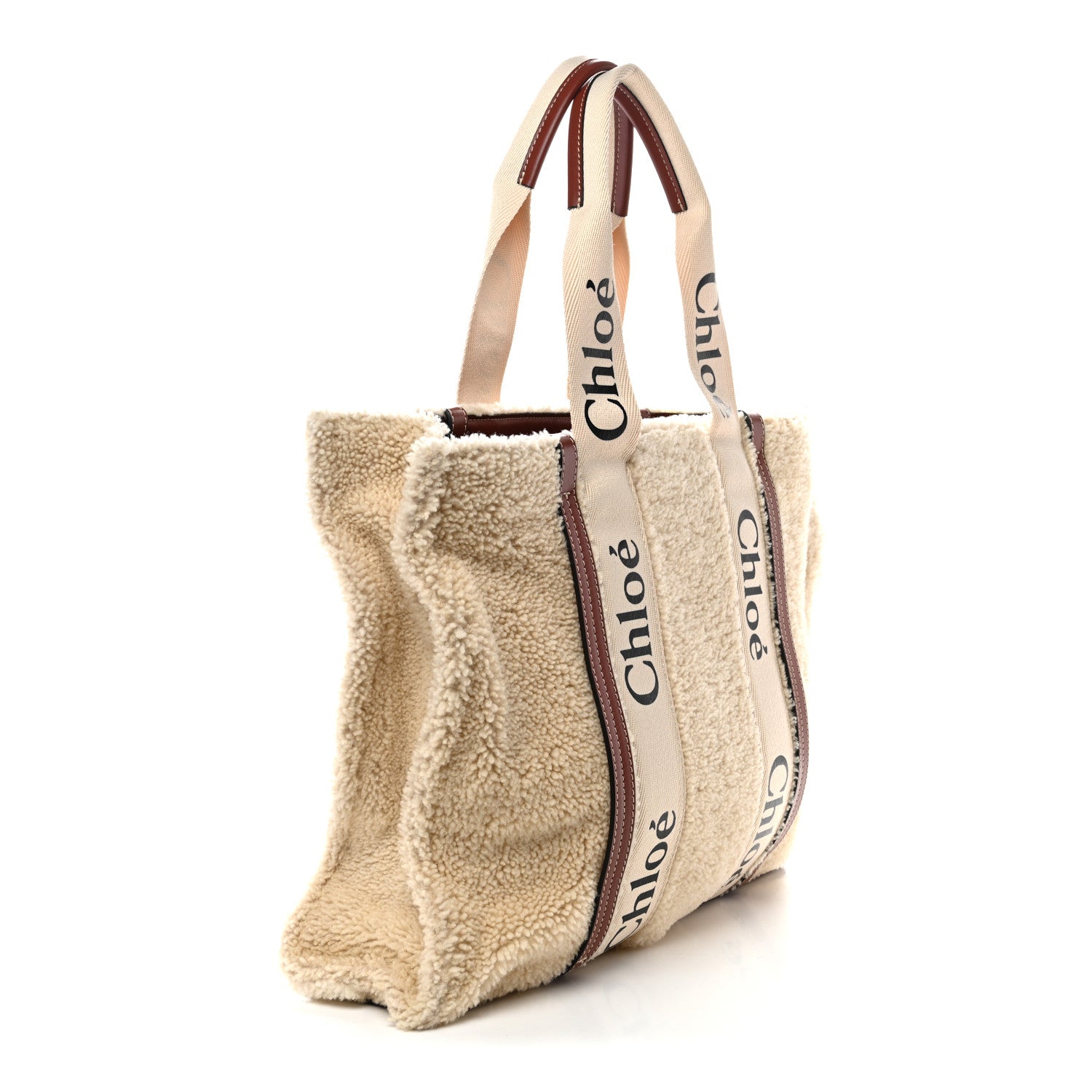 Chloe Shearling Calfskin Large Woody Ribbon Tote Mild Beige 3 of 10