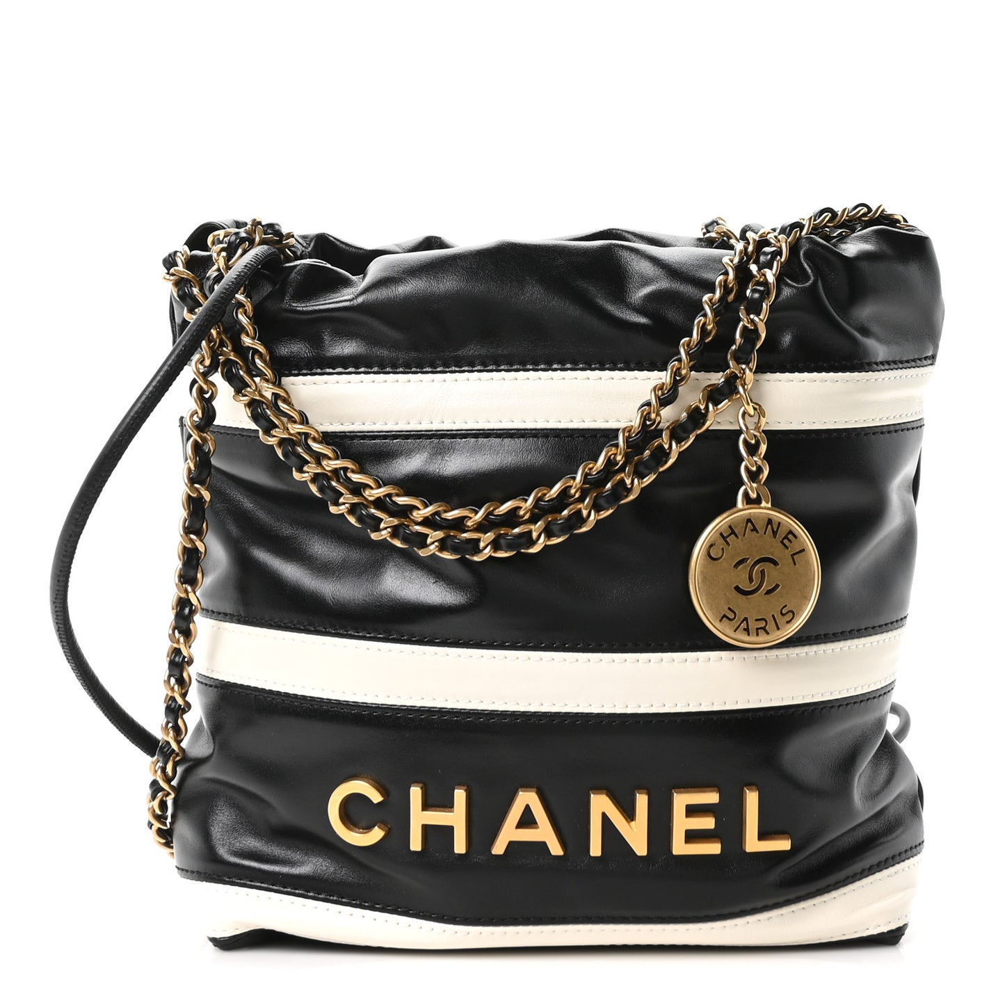 Shiny Calfskin Striped Mini Chanel 22 Black White