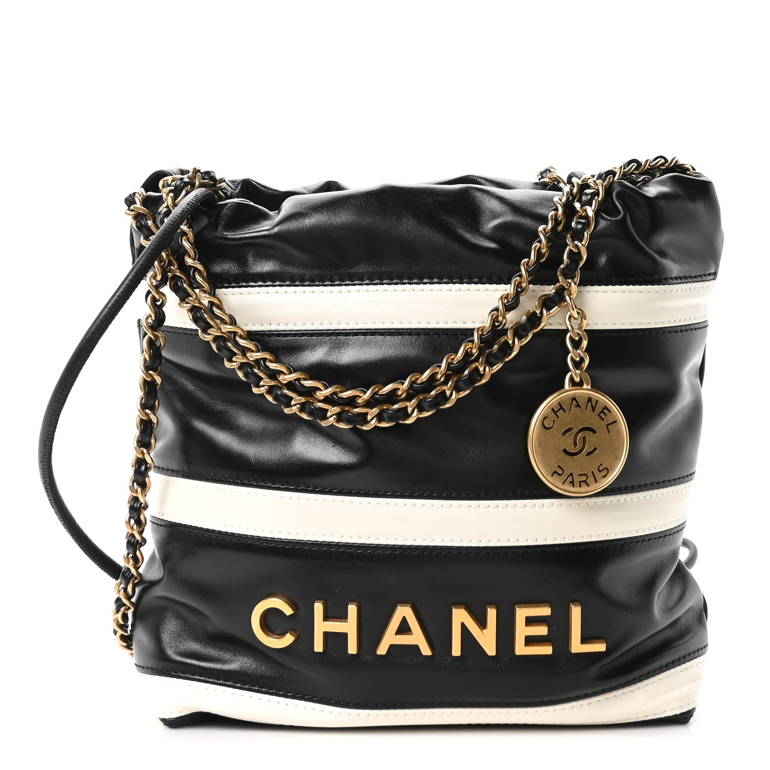 Chanel Shiny Calfskin Striped Mini Chanel 22 Black White 1 of 10
