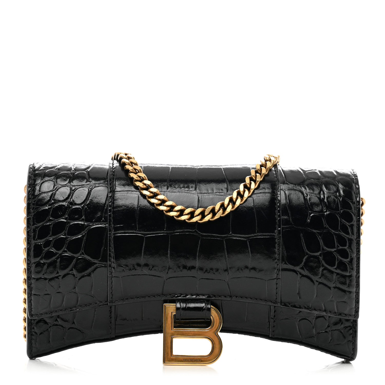 Balenciaga Shiny Calfskin Crocodile Embossed Hourglass Chain Bag Black 1 of 10