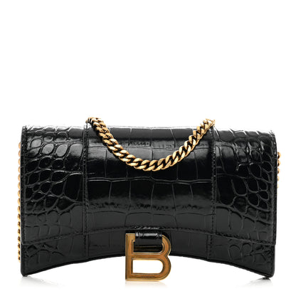 Balenciaga Shiny Calfskin Crocodile Embossed Hourglass Chain Bag Black 1 of 10