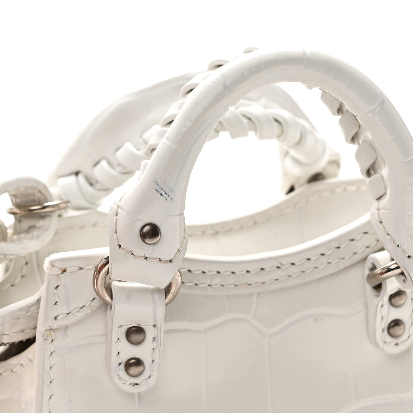 Extra Supple Calfskin Crocodile Embossed Neo Classic Silver Hardware Super Nano City Crossbody  White