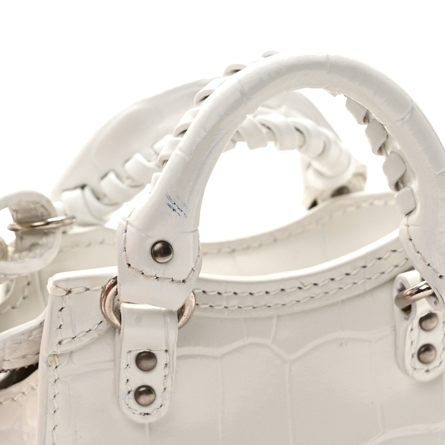 Balenciaga Extra Supple Calfskin Crocodile Embossed Neo Classic Silver Hardware Super Nano City Crossbody  White 8 of 10