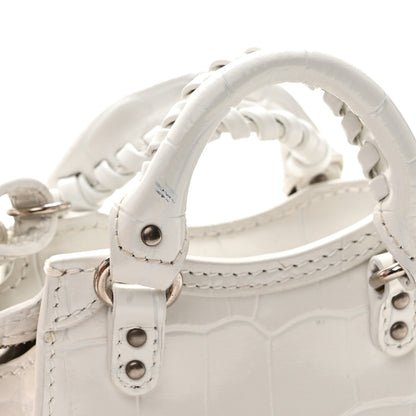 Balenciaga Extra Supple Calfskin Crocodile Embossed Neo Classic Silver Hardware Super Nano City Crossbody  White 8 of 10
