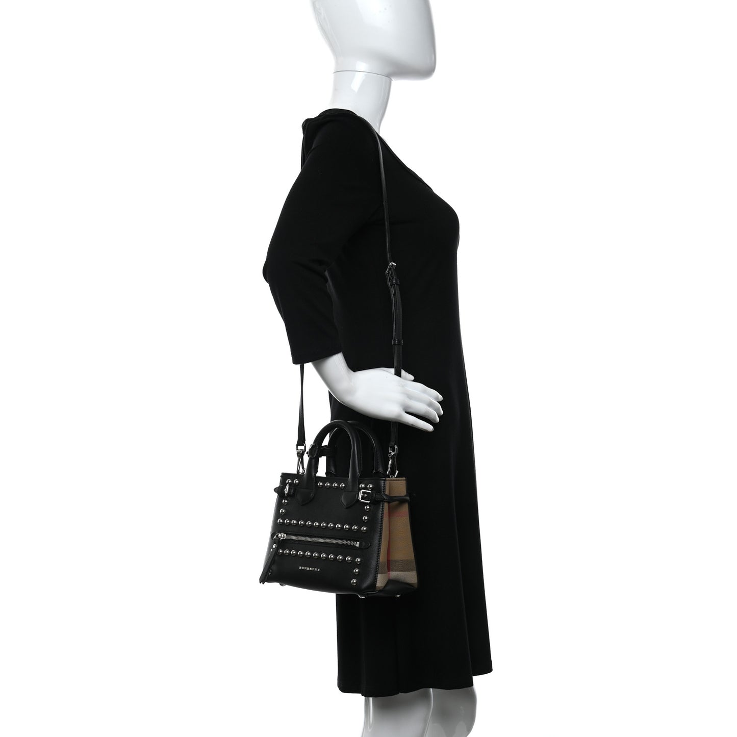 Pebbled Calfskin House Check Studded Baby Banner Tote Black