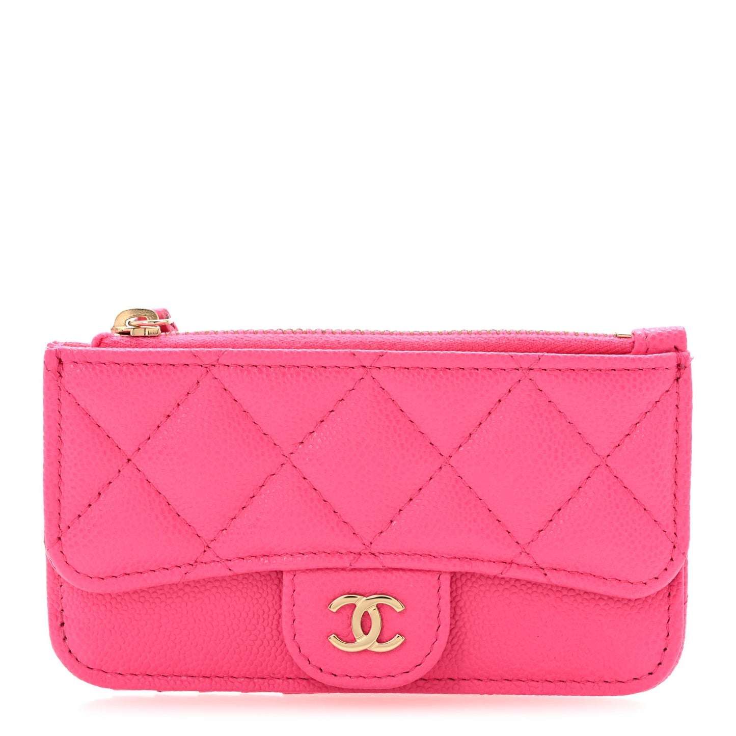 Caviar Quilted Flap Zip Card Holder Dark Pink