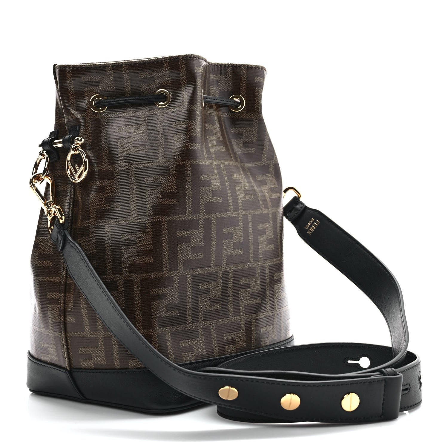 Fendi Glazed Fabric Vitello Grace F is Fendi FF 1974 Stamp Patch Grande Mon Tresor Bucket Bag Mogano Panna Black 3 of 9