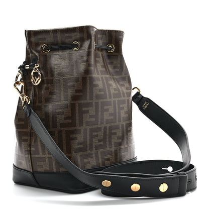 Fendi Glazed Fabric Vitello Grace F is Fendi FF 1974 Stamp Patch Grande Mon Tresor Bucket Bag Mogano Panna Black 3 of 9