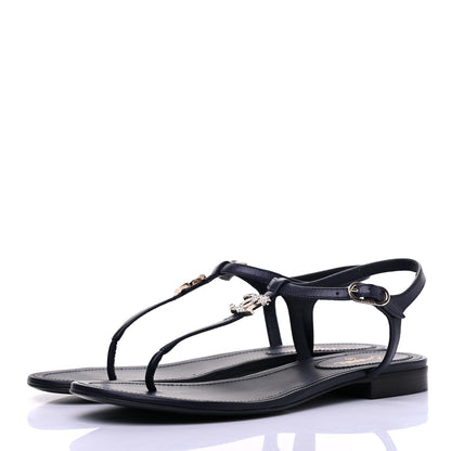 Chanel Lambskin Crystal CC Thong Sandals 38 Navy 3 of 9