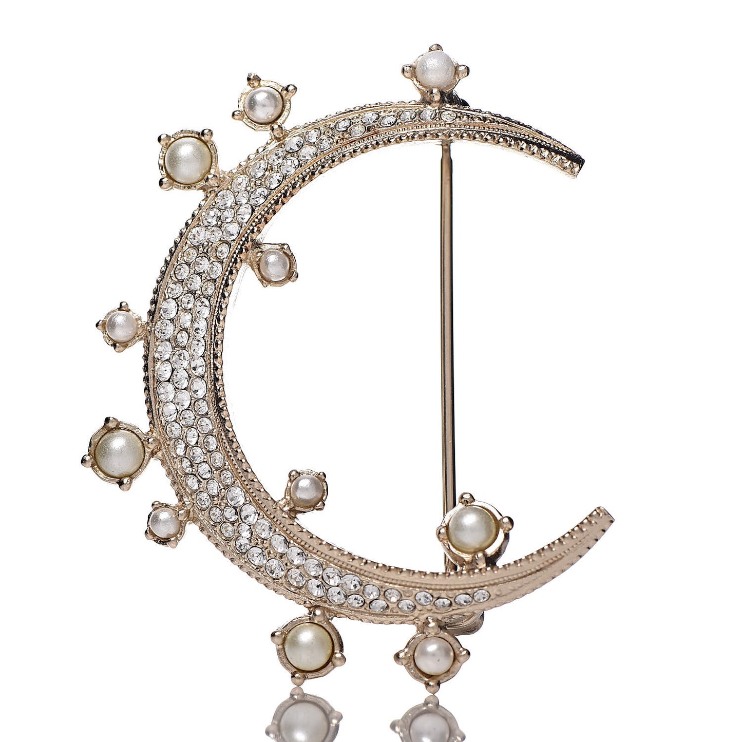 Crystal Pearl Dubai CC Moon Brooch Gold